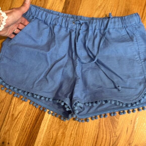 J. Crew Linen Blend Blue Pom-Pom Shorts Drawstring W 16” I 3” R 10” - Picture 2 of 9